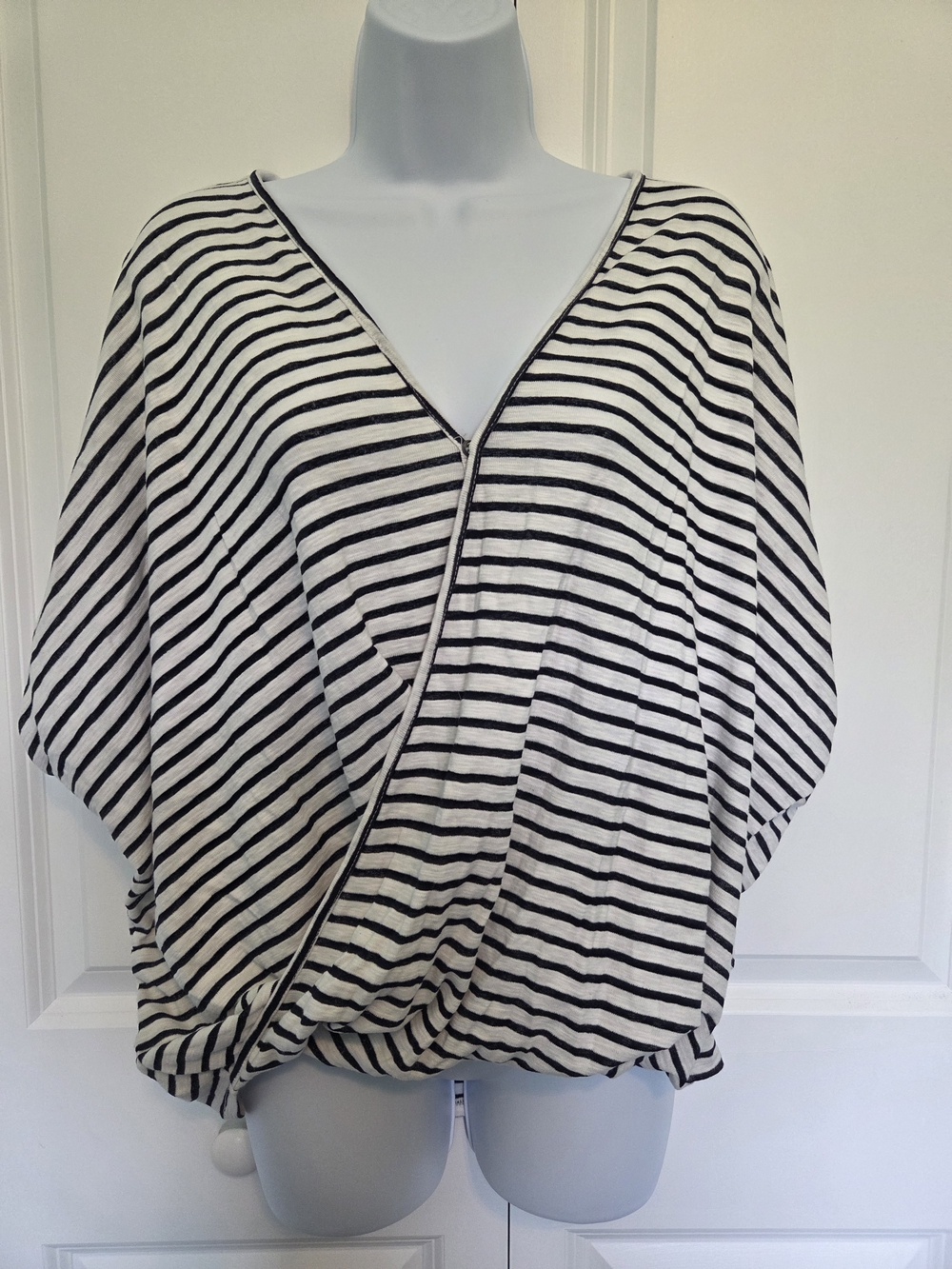 Striped Black and White Short Sleeve V-Neck Top